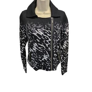 NWT chicos 0 (S) black white knit Leopold print zip pocket shaket moto chic NEW